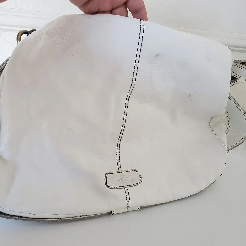 Oushka Vintage White Leather Shoulder Bag Hobo Purse w/ Front Pockets Crossbody